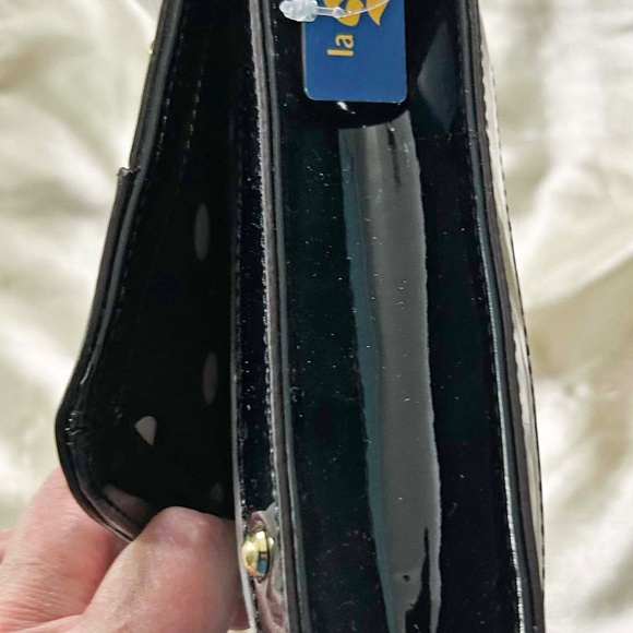 CLUTCH, ANNE KLEIN, BLACK, WITH GOLD TONE METAL STUDS, PATENT ACCENTS, SHOULDER - Picture 4 of 13